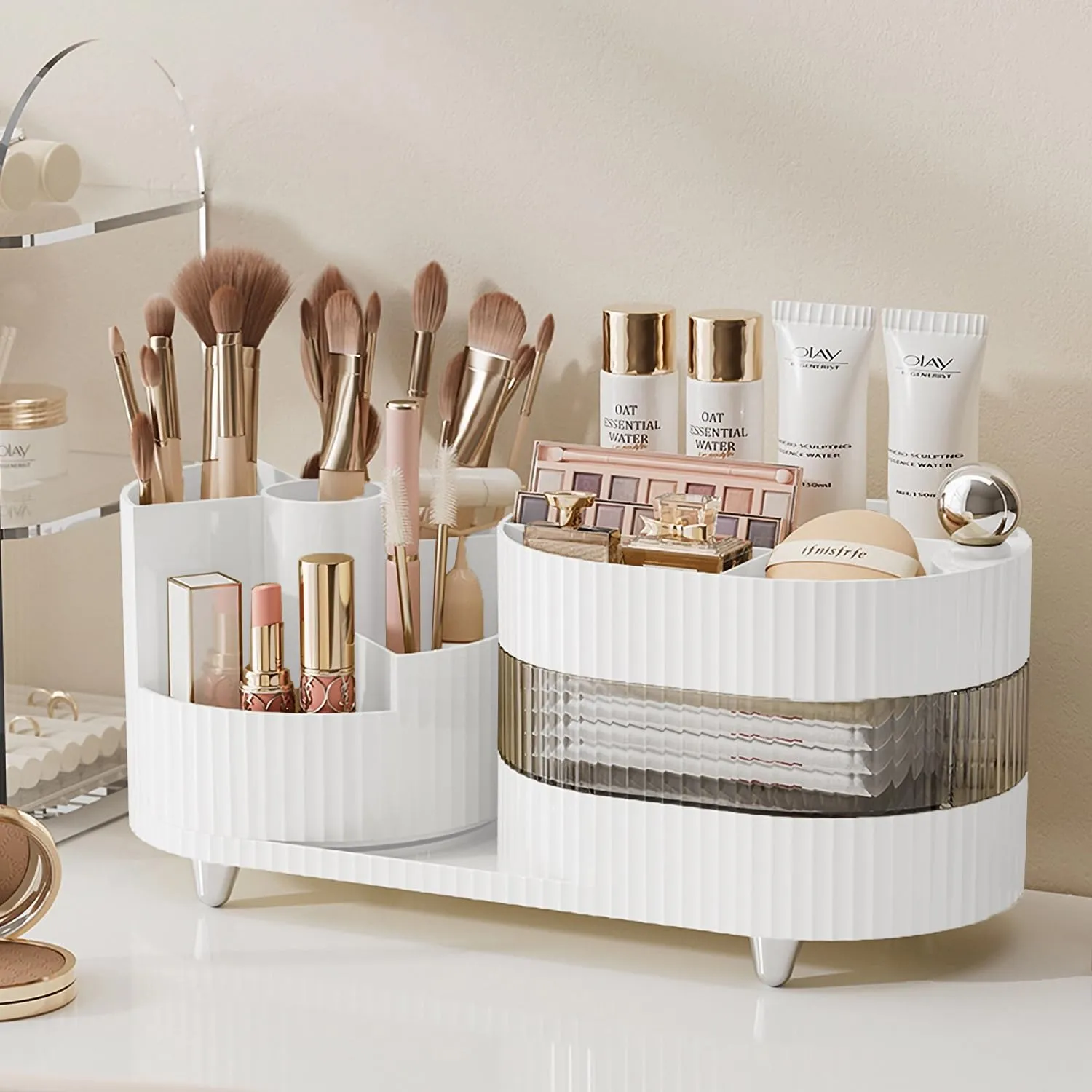 Artcochan Makeup Organizer Countertop 360°Rotating Makeup Organizer for Vanity - Make Up & Jewelry Storage Cosmetic Storage Holder with Makeup Brush Holder (3 Tiers, White)