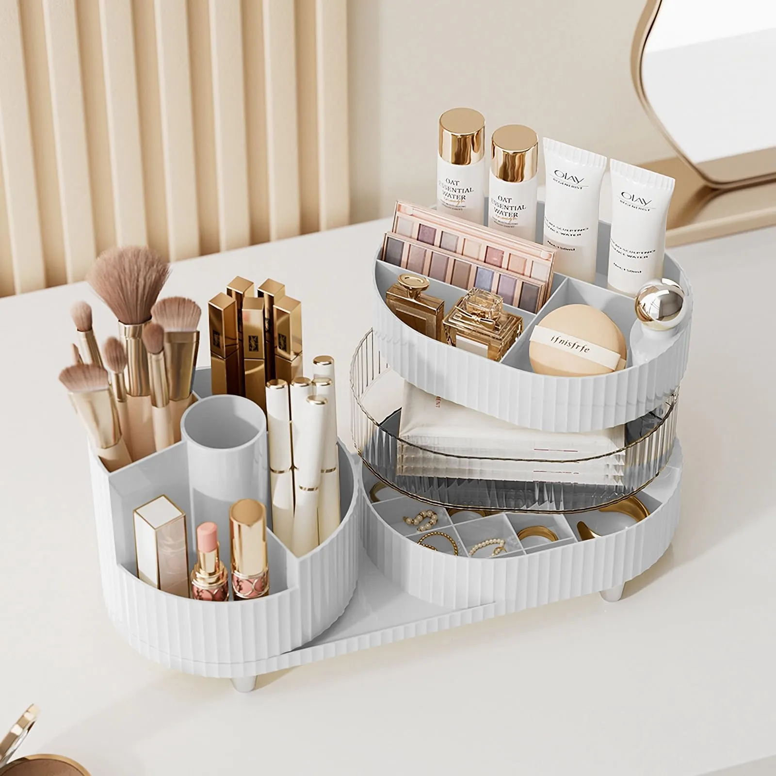 Artcochan Makeup Organizer Countertop 360°Rotating Makeup Organizer for Vanity - Make Up & Jewelry Storage Cosmetic Storage Holder with Makeup Brush Holder (3 Tiers, White)