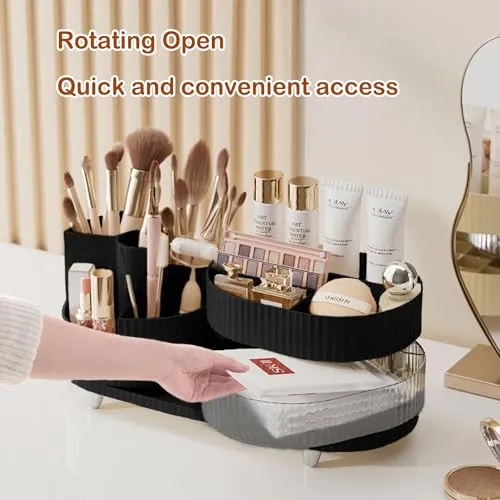 Artcochan Makeup Organizer Countertop 360°Rotating Makeup Organizer for Vanity - Make Up & Jewelry Storage Cosmetic Storage Holder with Makeup Brush Holder and Jewelry Storage (3 Tiers, Black)