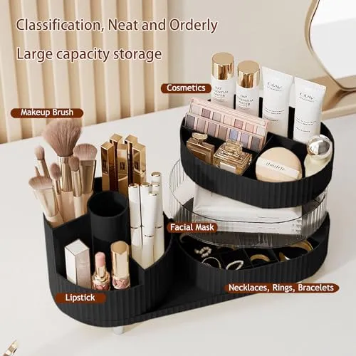 Artcochan Makeup Organizer Countertop 360°Rotating Makeup Organizer for Vanity - Make Up & Jewelry Storage Cosmetic Storage Holder with Makeup Brush Holder and Jewelry Storage (3 Tiers, Black)