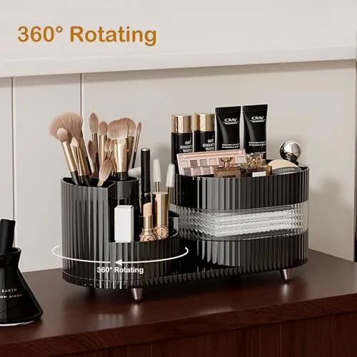 Artcochan Makeup Organizer Countertop 360°Rotating Makeup Organizer for Vanity - Make Up & Jewelry Storage Cosmetic Storage Holder with Makeup Brush Holder and Jewelry Storage (3 Tiers, Black)