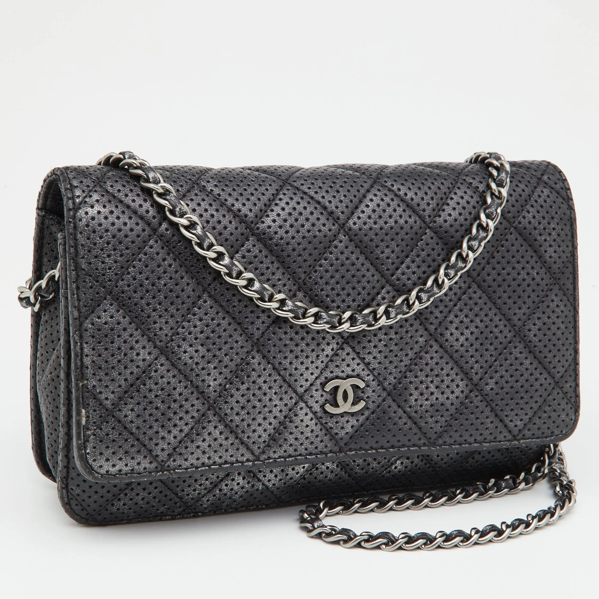 CHANEL Black/Silver Quilted Perforated Leather Classic Wallet on Chain