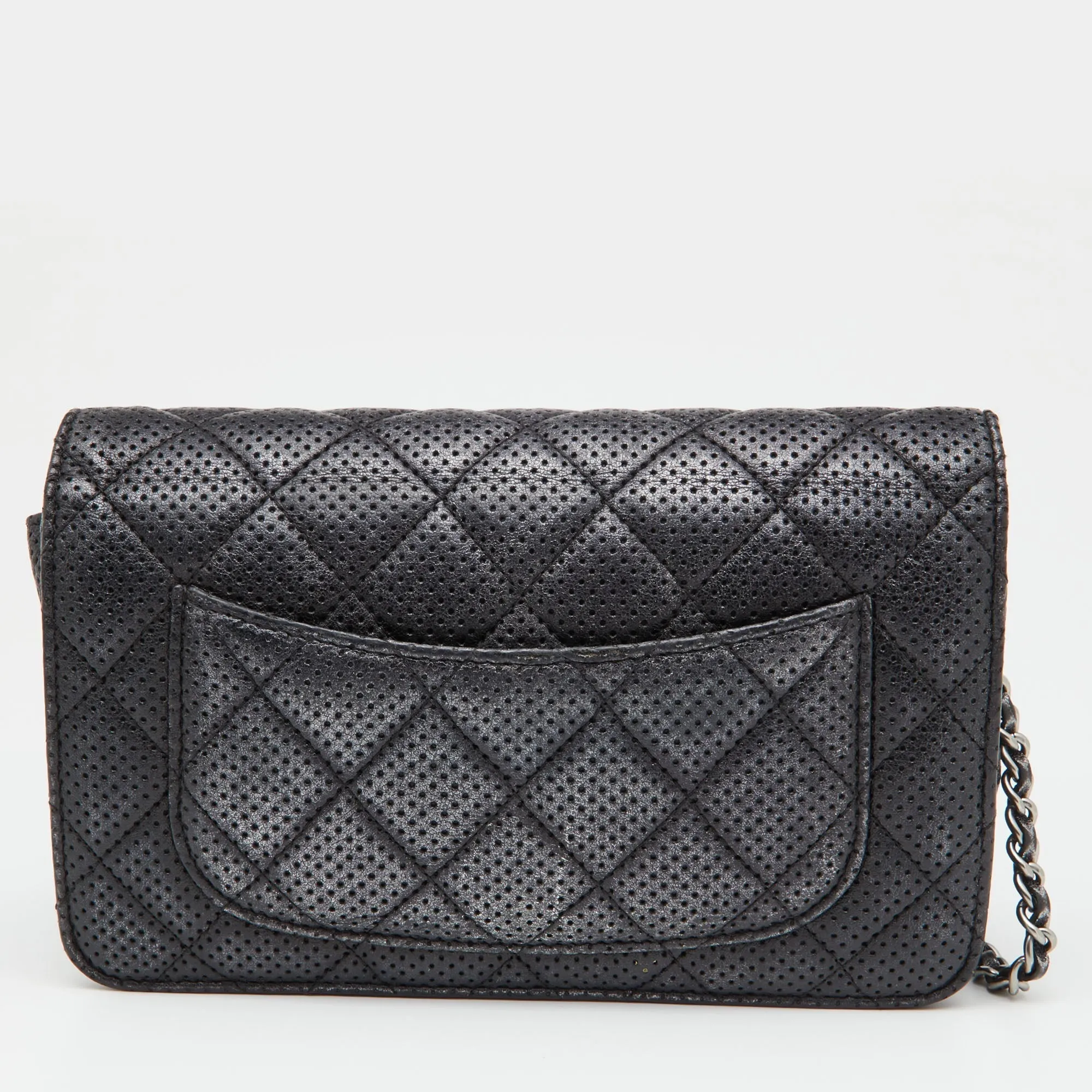 CHANEL Black/Silver Quilted Perforated Leather Classic Wallet on Chain