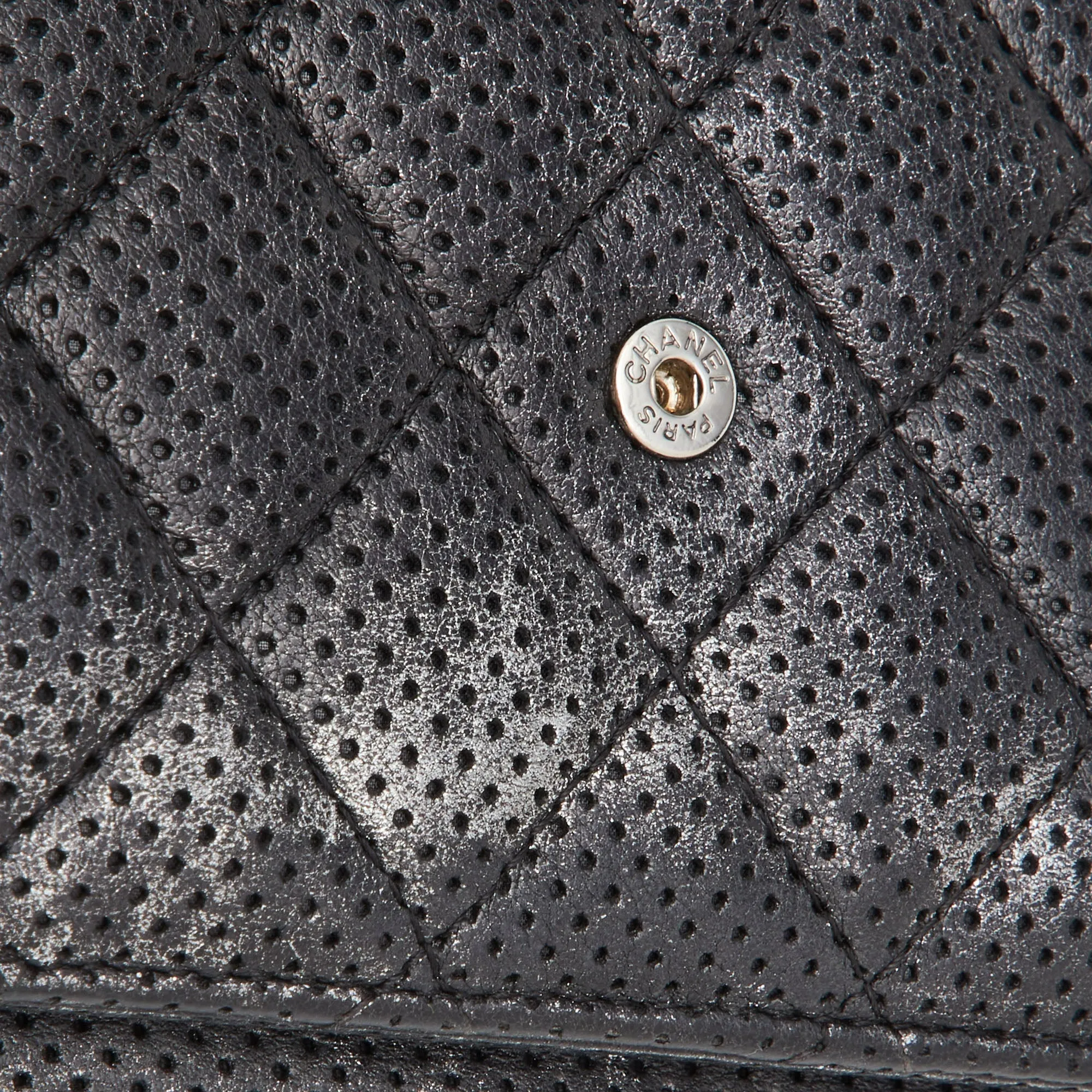 CHANEL Black/Silver Quilted Perforated Leather Classic Wallet on Chain