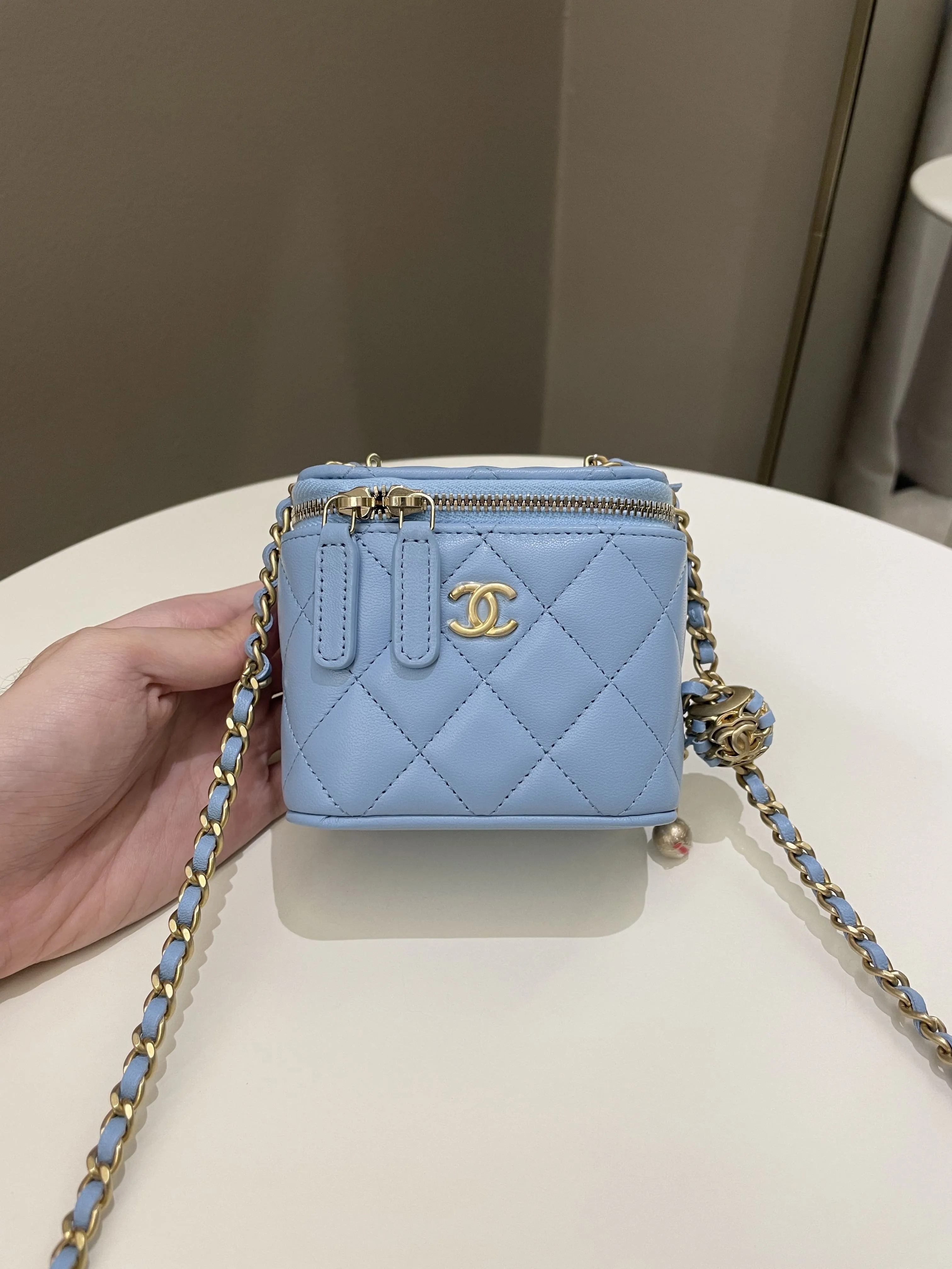 Chanel Quilted Pearl Crush Mini Vanity Cube Sky Blue Lambskin