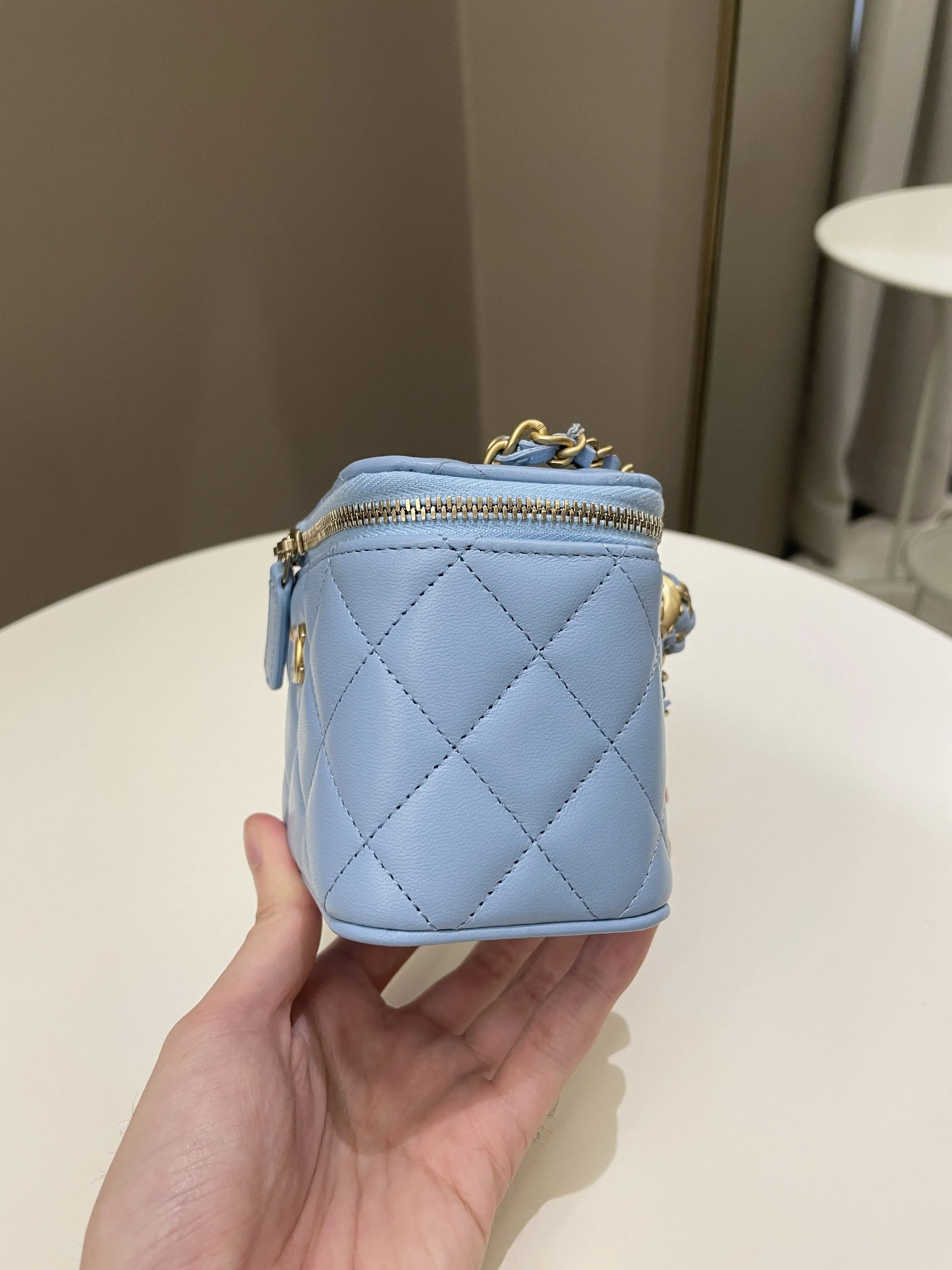 Chanel Quilted Pearl Crush Mini Vanity Cube Sky Blue Lambskin