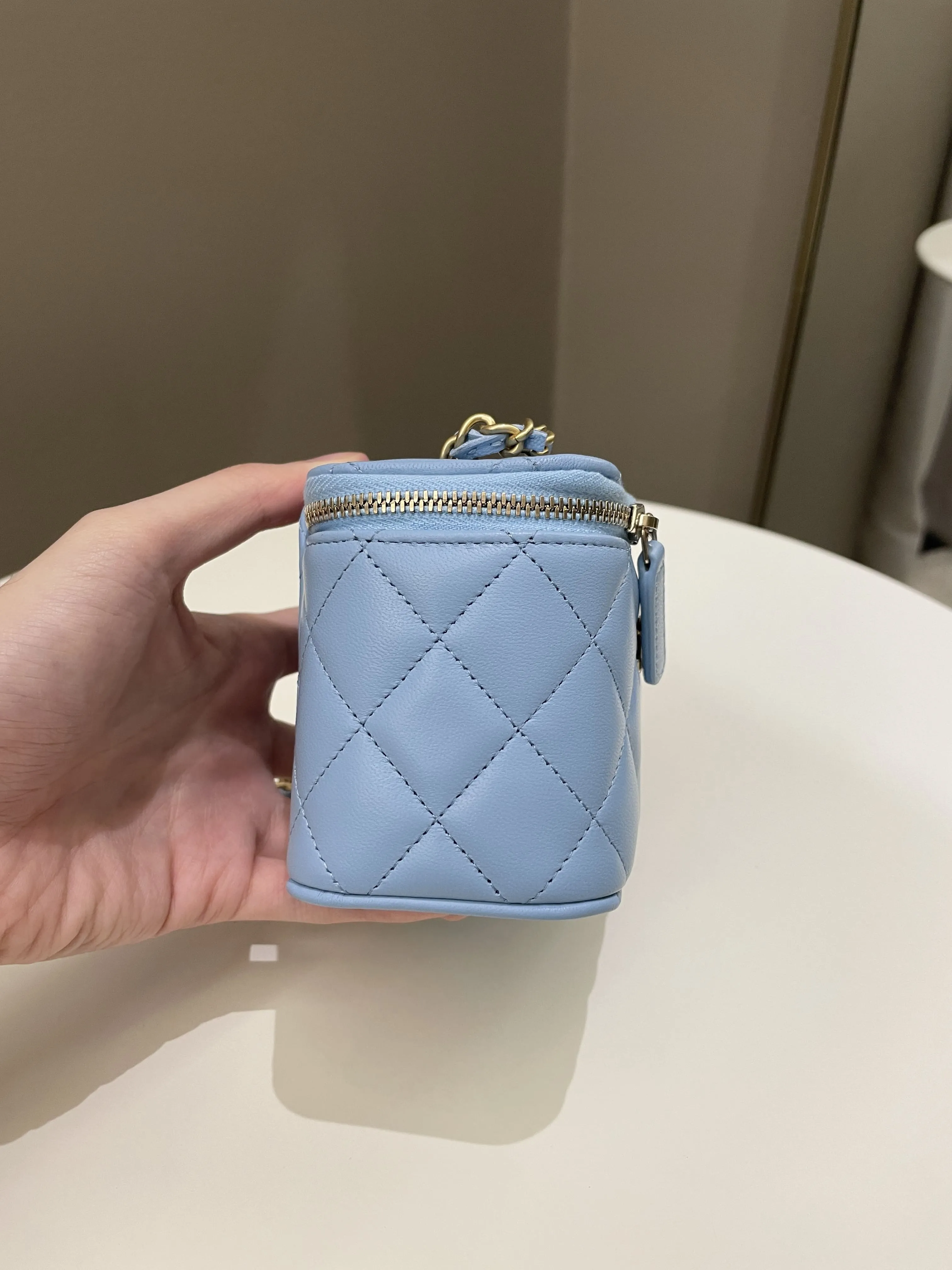 Chanel Quilted Pearl Crush Mini Vanity Cube Sky Blue Lambskin