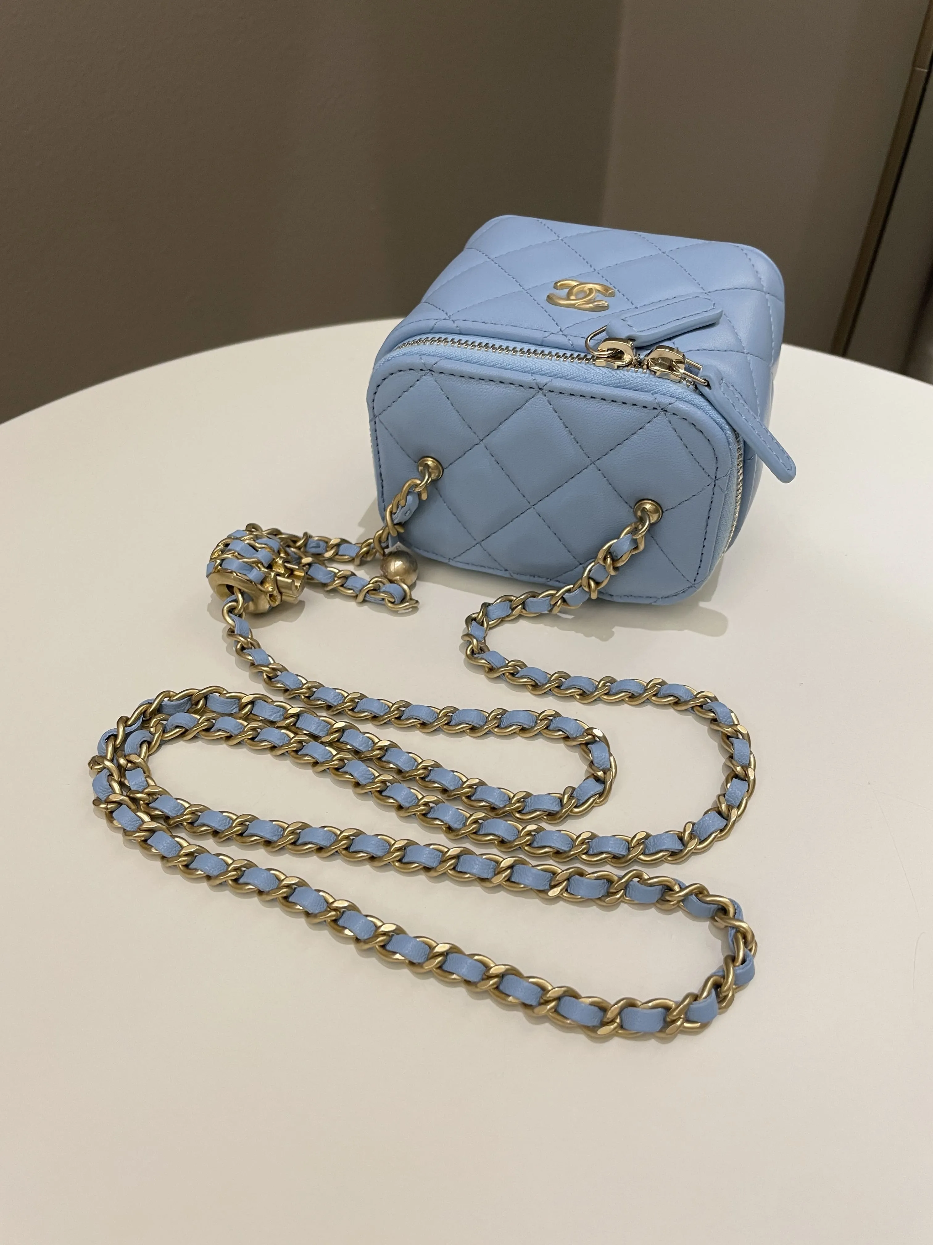 Chanel Quilted Pearl Crush Mini Vanity Cube Sky Blue Lambskin