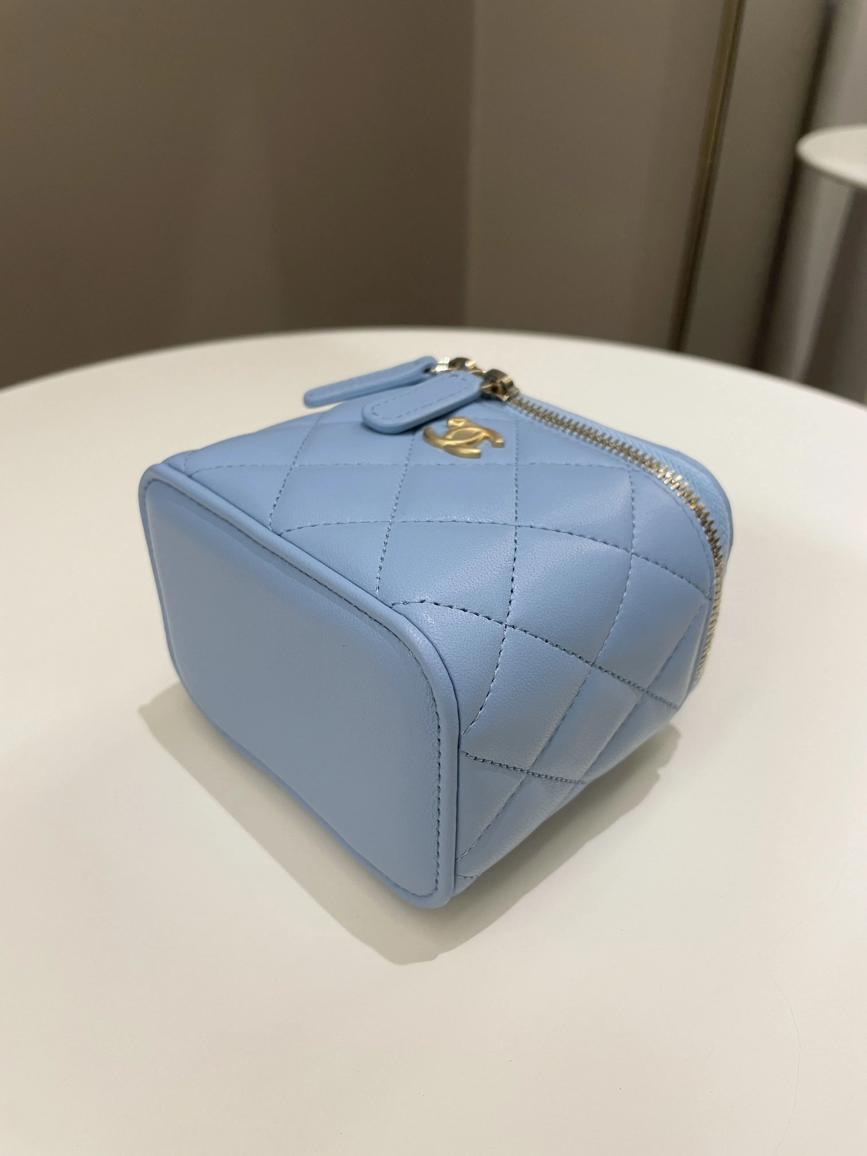 Chanel Quilted Pearl Crush Mini Vanity Cube Sky Blue Lambskin