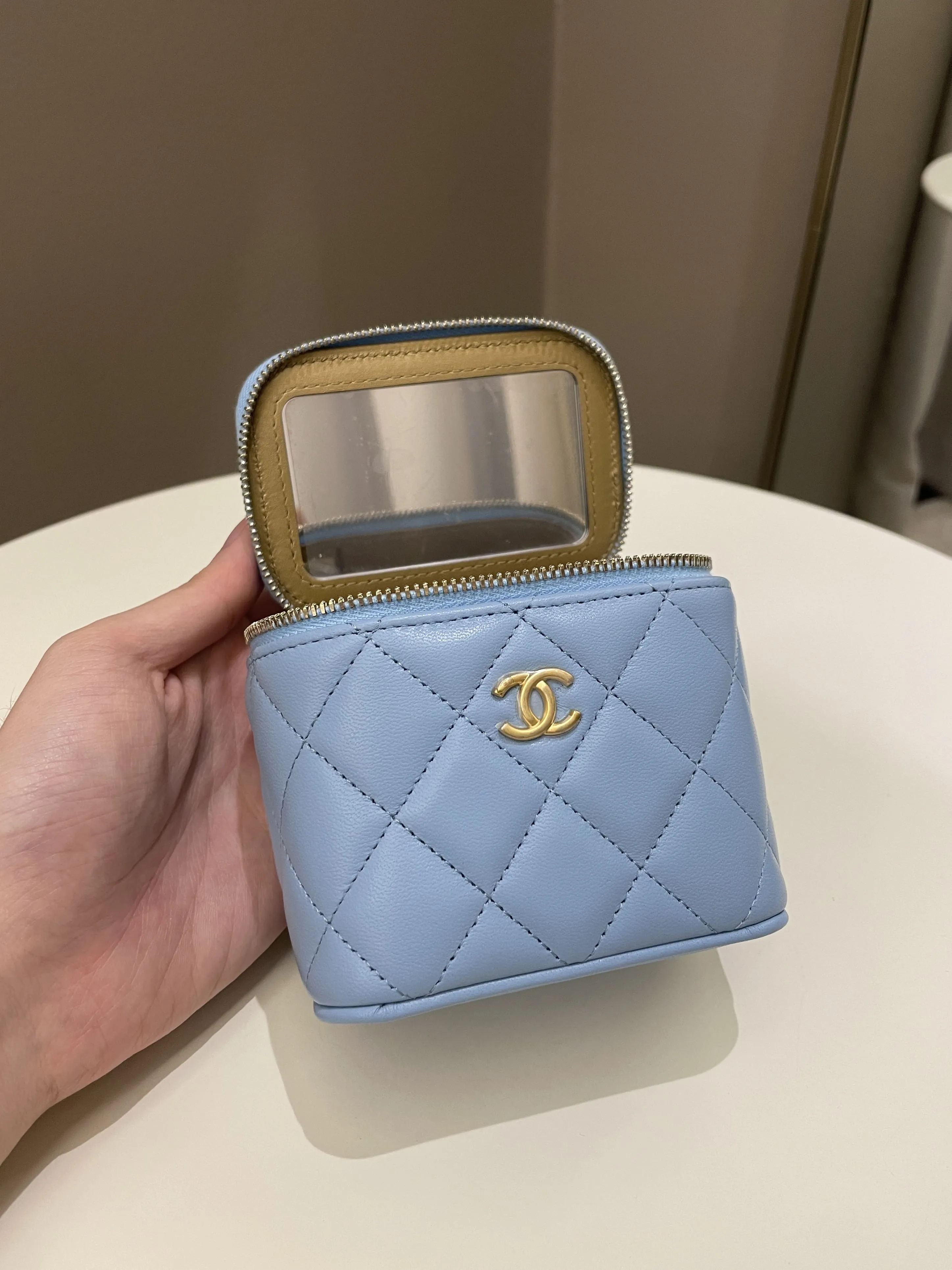 Chanel Quilted Pearl Crush Mini Vanity Cube Sky Blue Lambskin