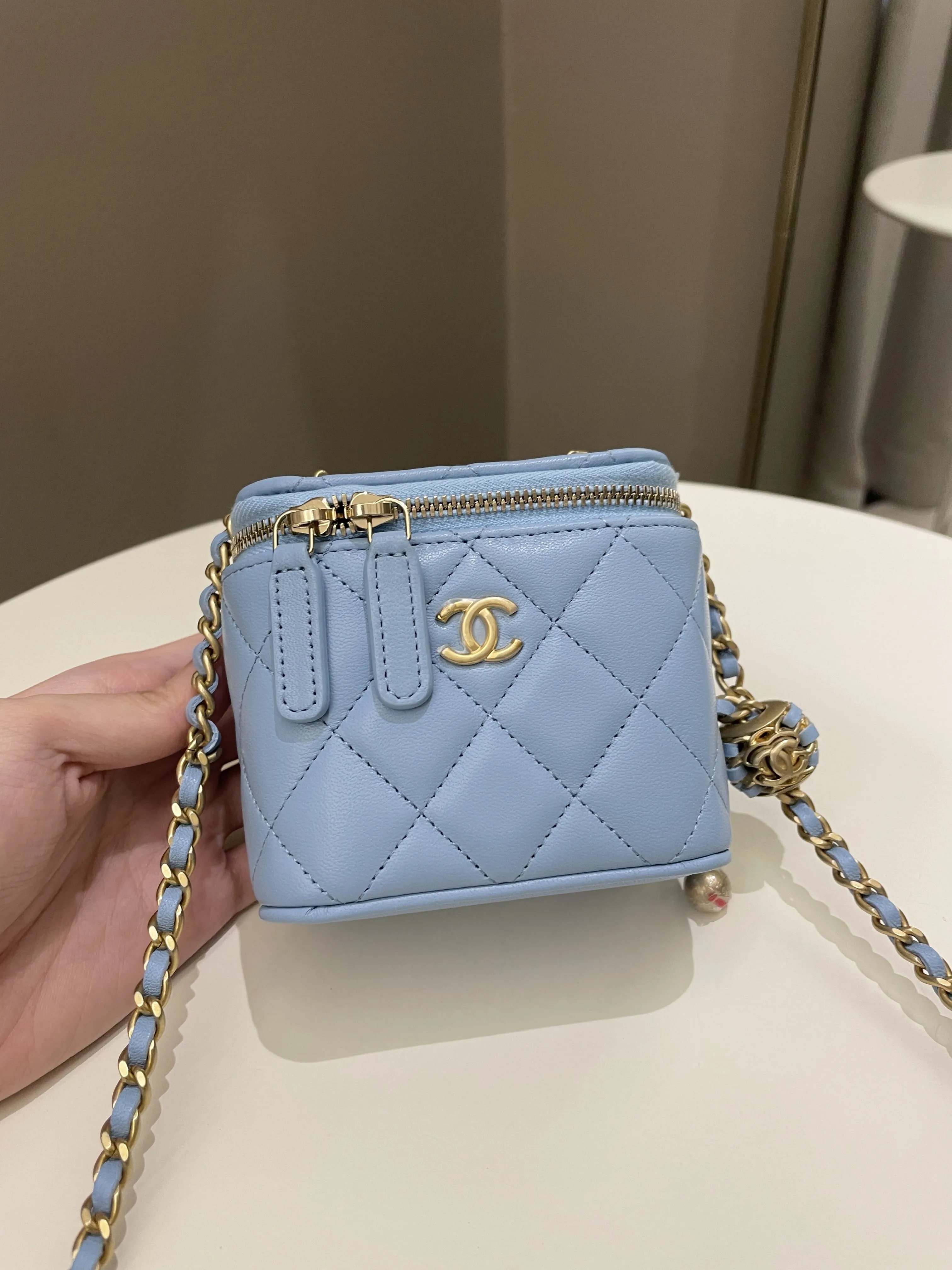 Chanel Quilted Pearl Crush Mini Vanity Cube Sky Blue Lambskin
