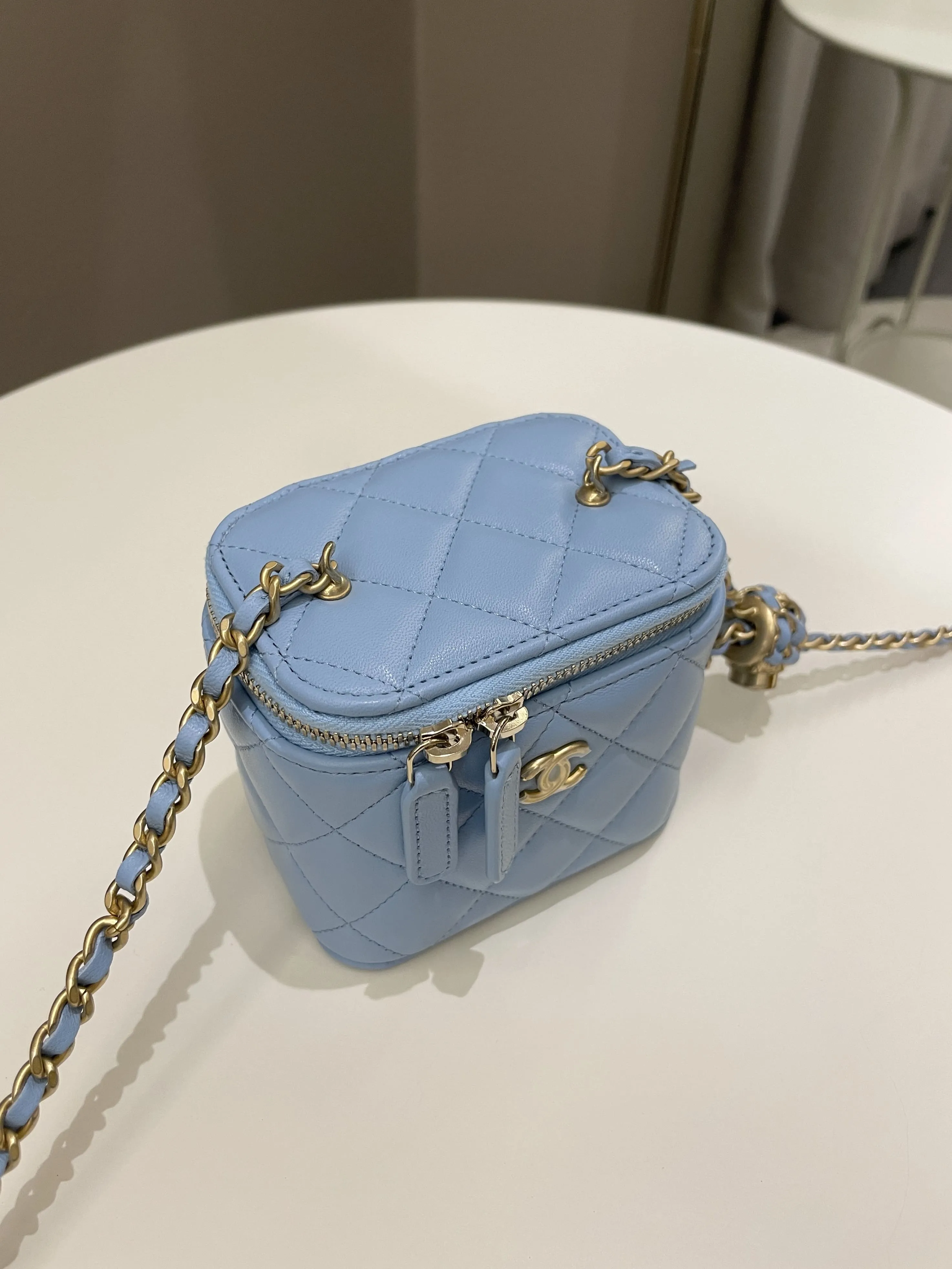 Chanel Quilted Pearl Crush Mini Vanity Cube Sky Blue Lambskin
