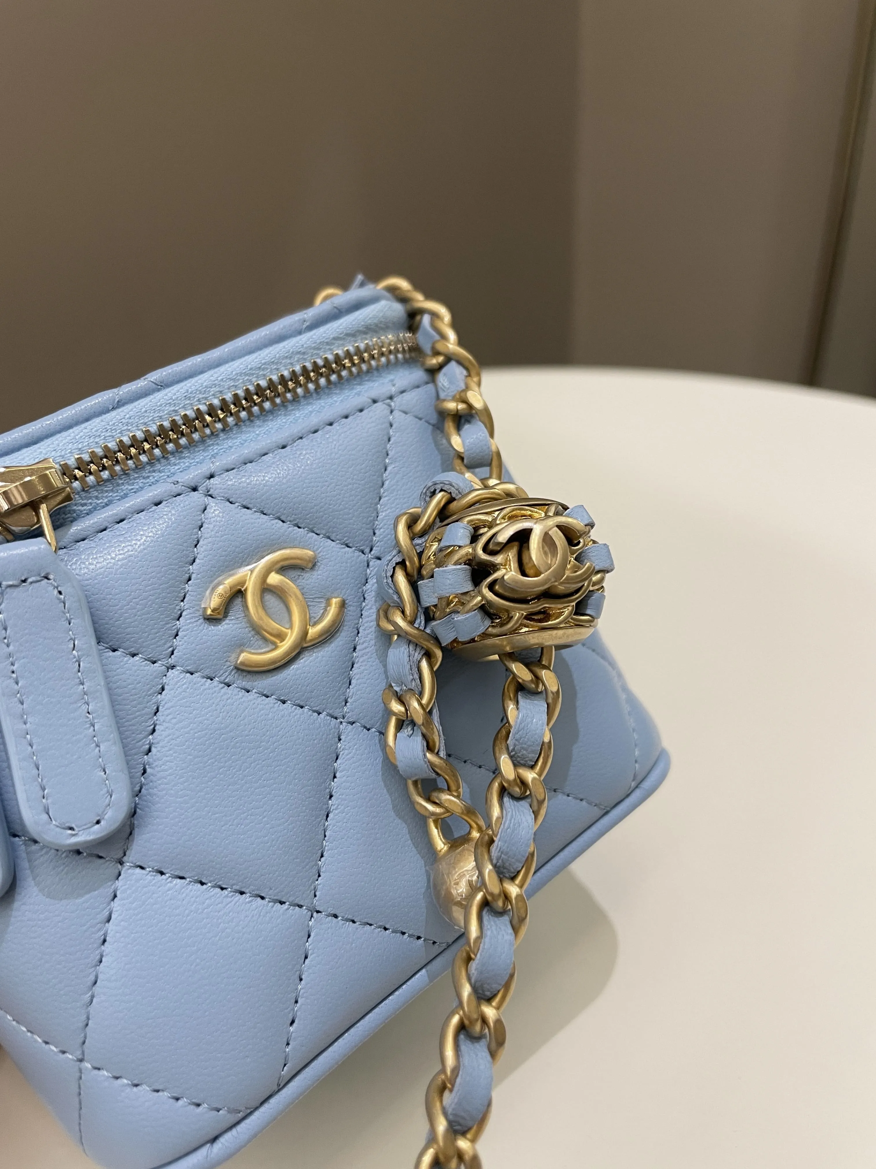 Chanel Quilted Pearl Crush Mini Vanity Cube Sky Blue Lambskin