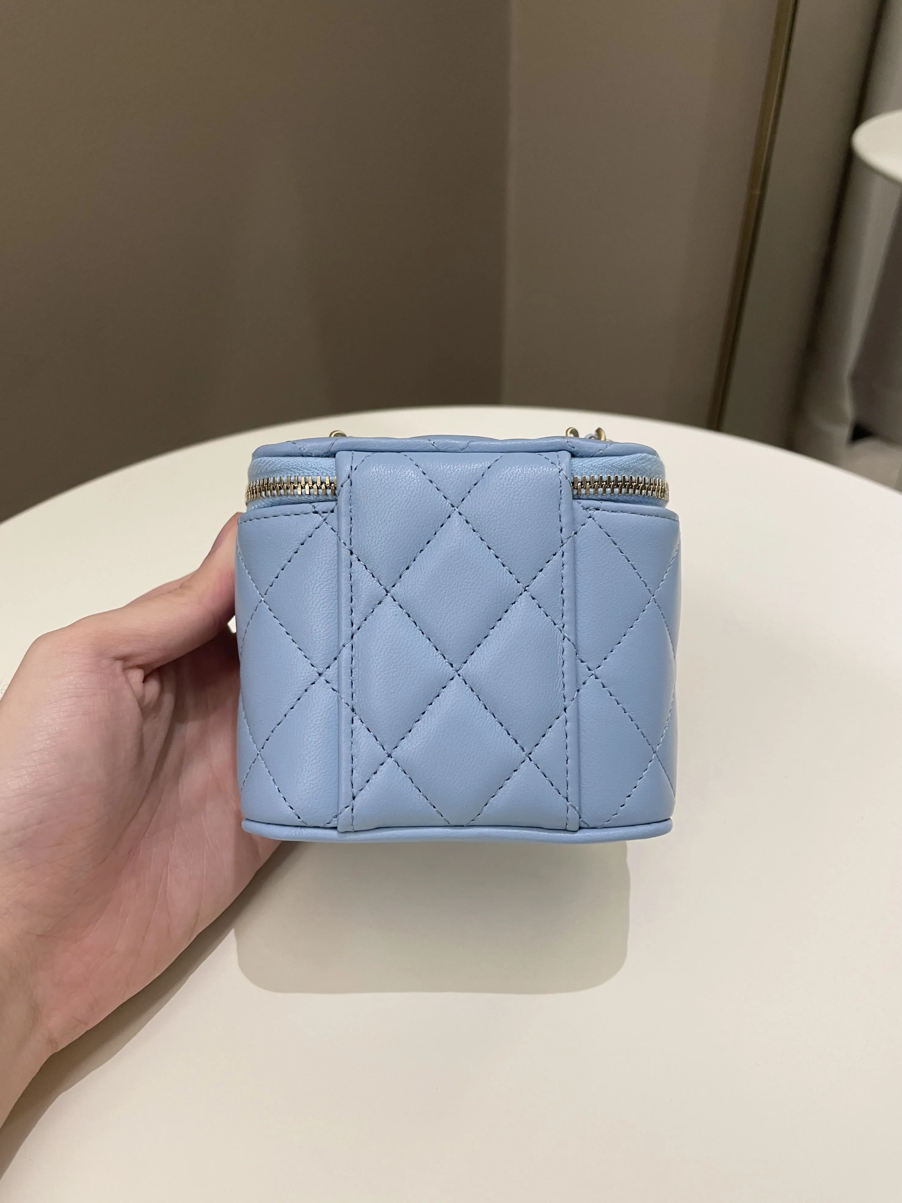 Chanel Quilted Pearl Crush Mini Vanity Cube Sky Blue Lambskin