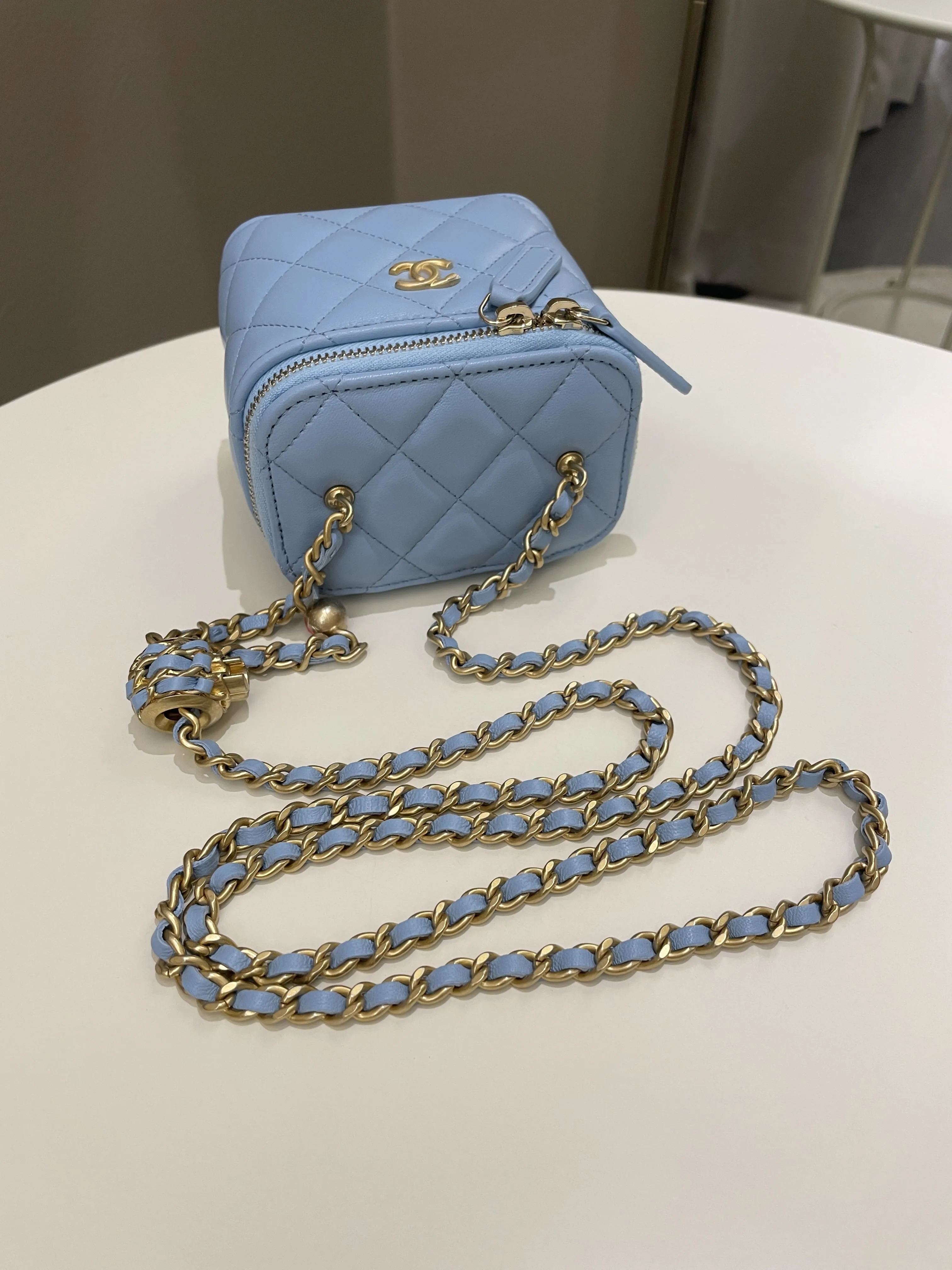 Chanel Quilted Pearl Crush Mini Vanity Cube Sky Blue Lambskin