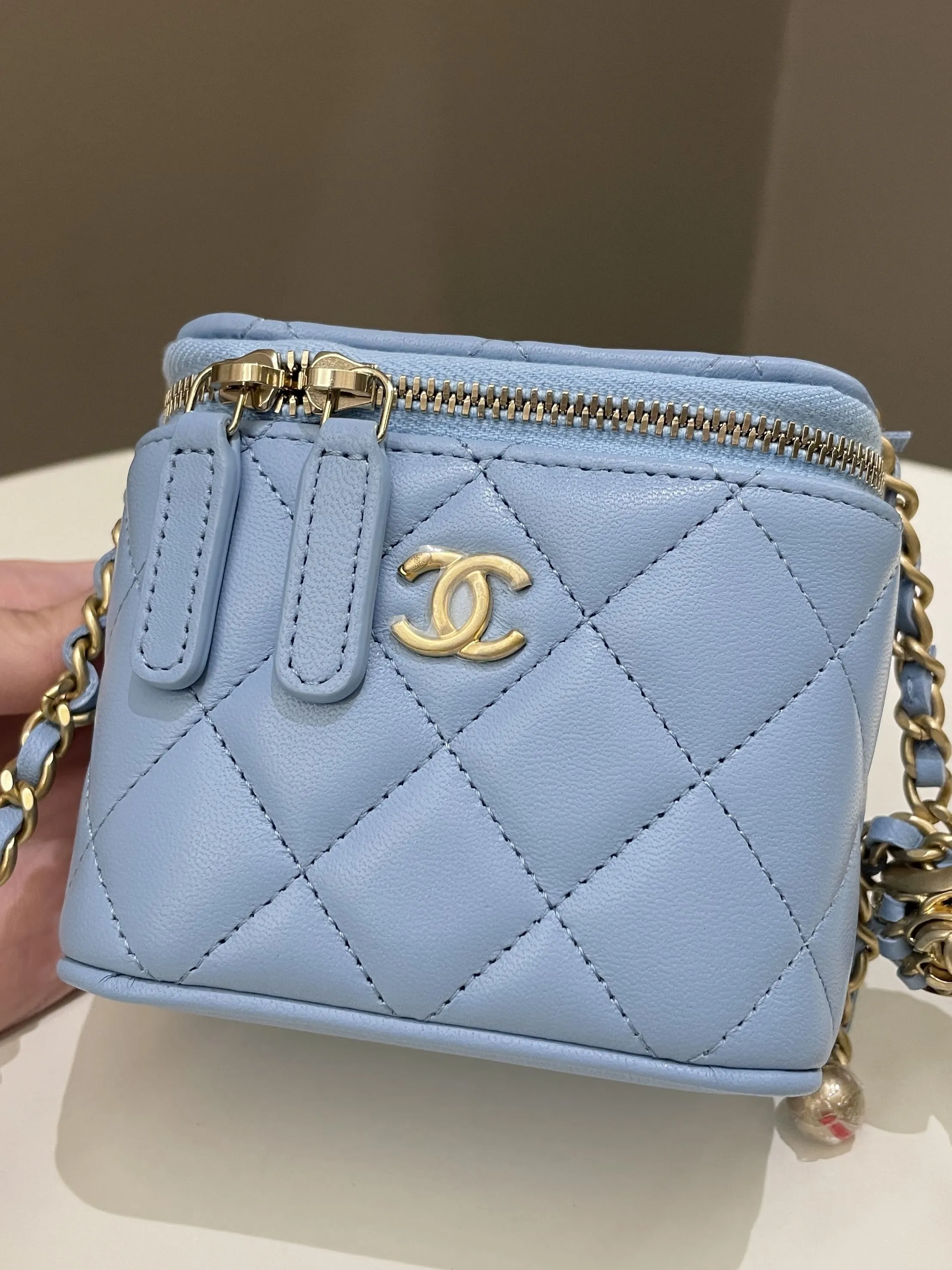 Chanel Quilted Pearl Crush Mini Vanity Cube Sky Blue Lambskin