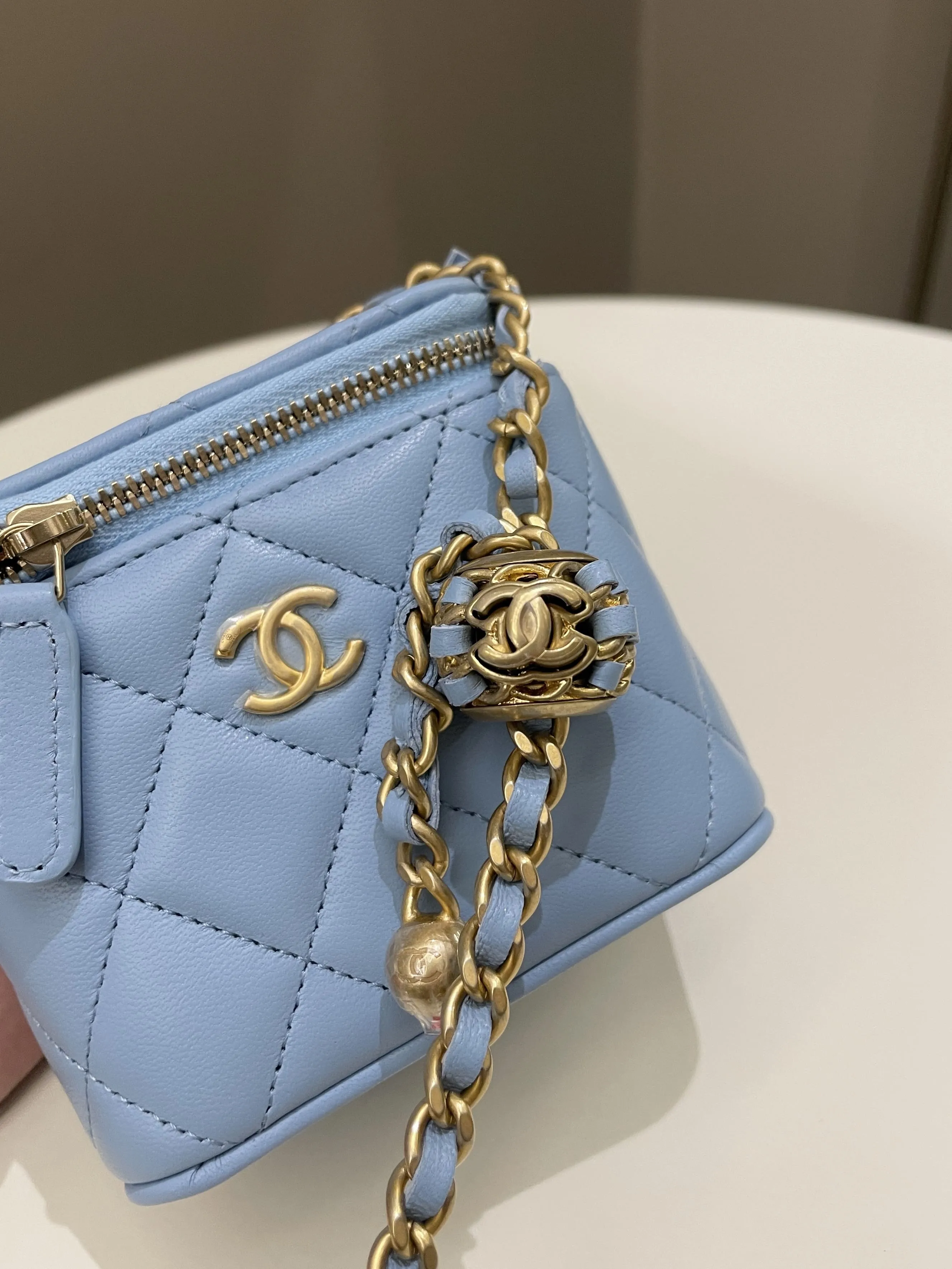 Chanel Quilted Pearl Crush Mini Vanity Cube Sky Blue Lambskin