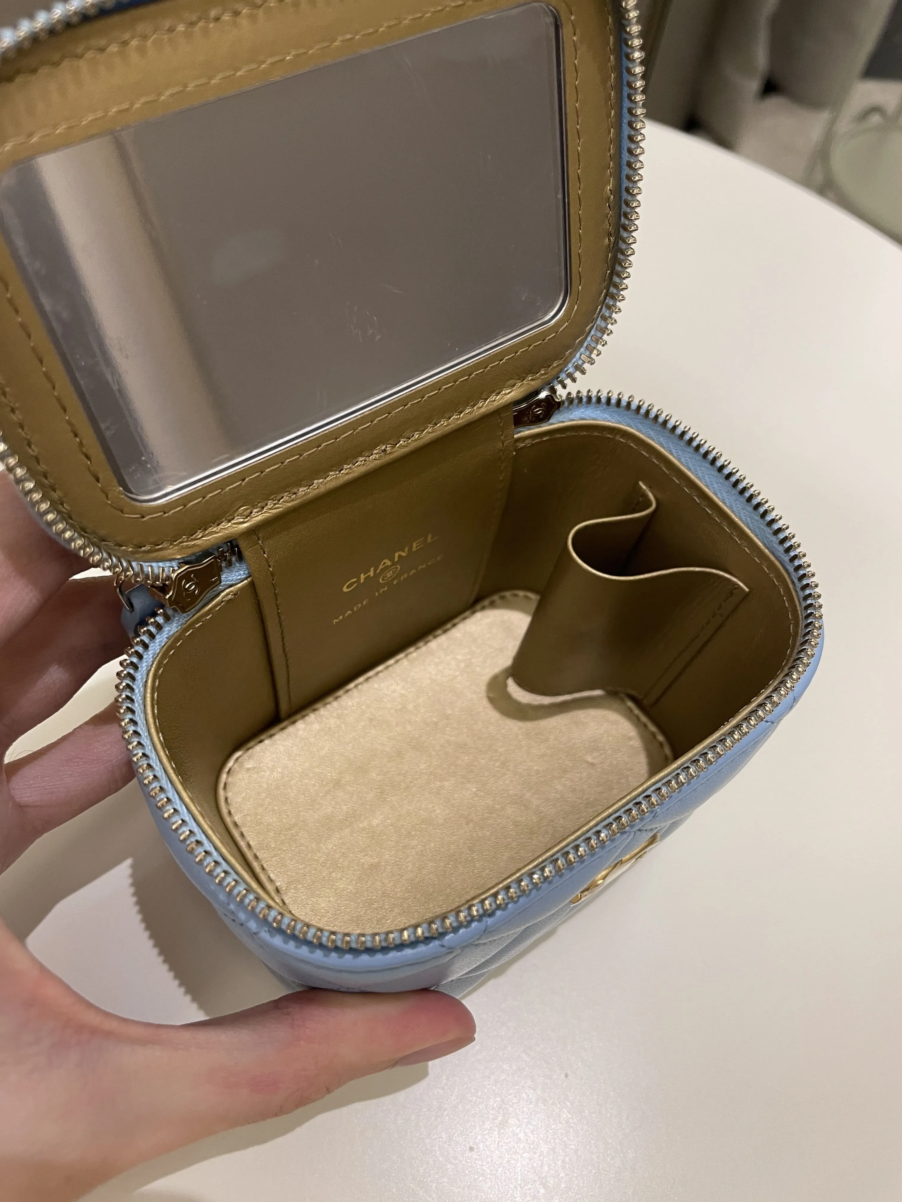 Chanel Quilted Pearl Crush Mini Vanity Cube Sky Blue Lambskin