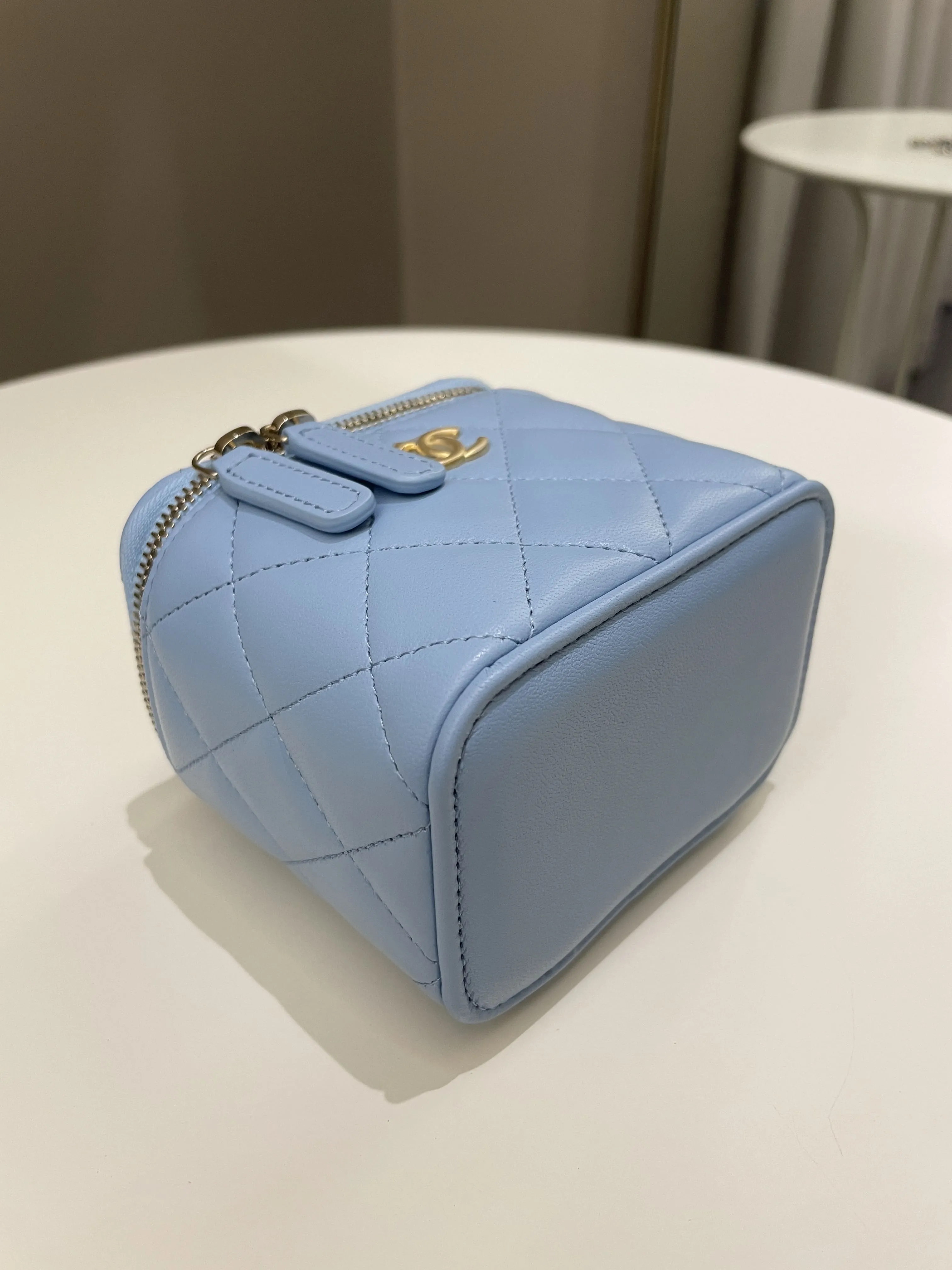 Chanel Quilted Pearl Crush Mini Vanity Cube Sky Blue Lambskin