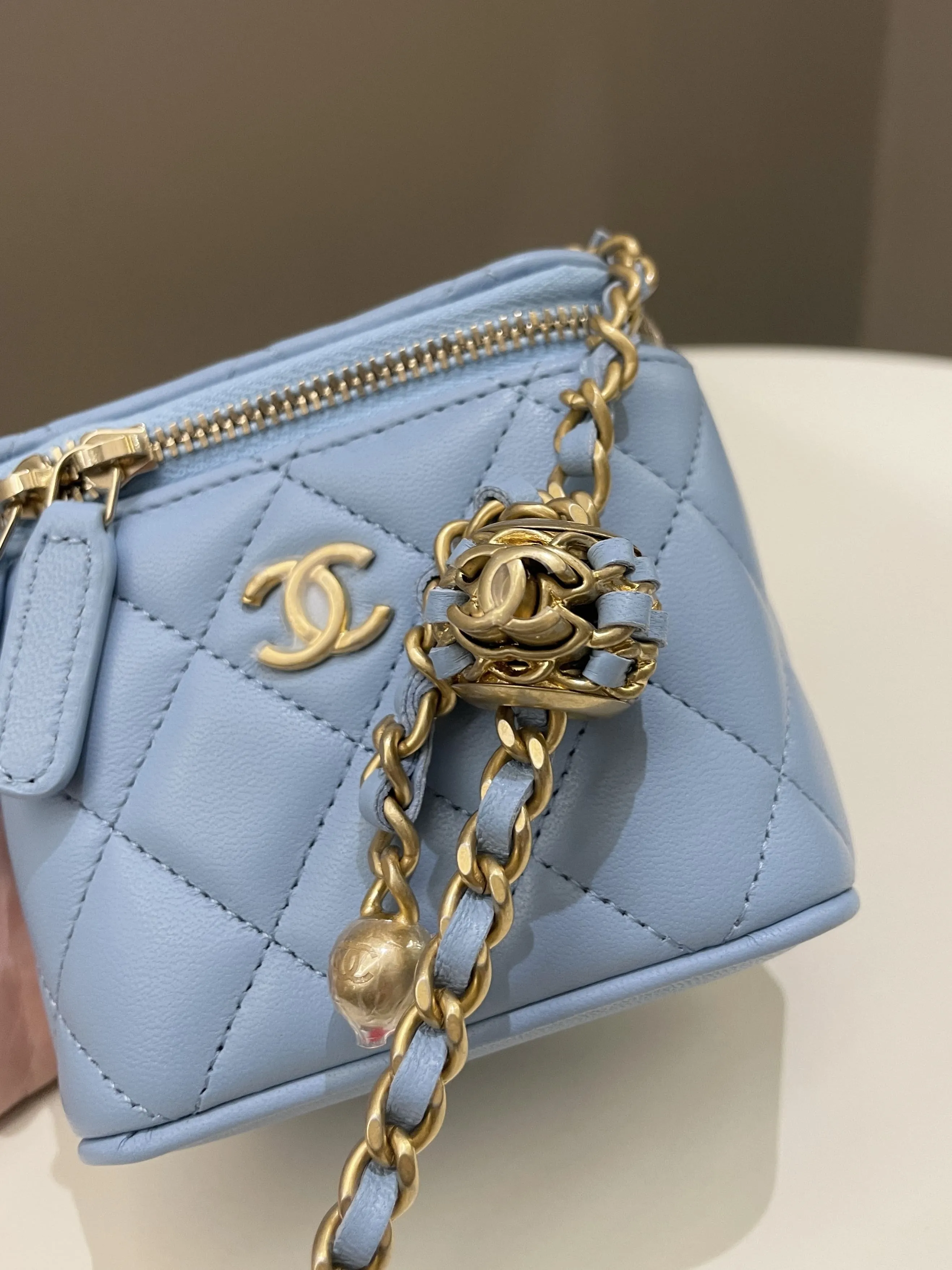 Chanel Quilted Pearl Crush Mini Vanity Cube Sky Blue Lambskin