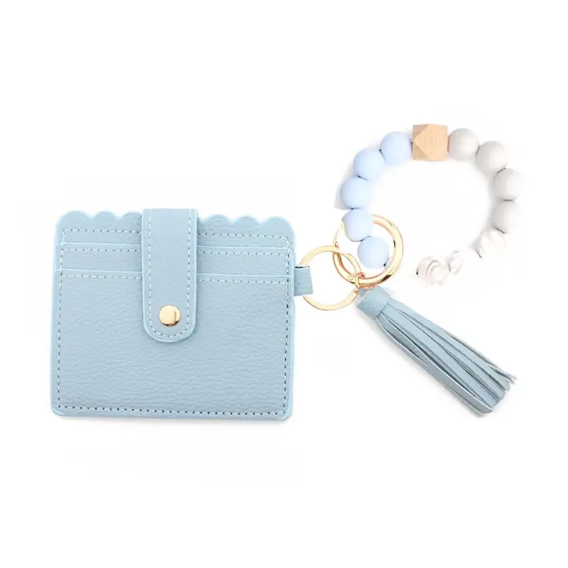 Faux Leather Card Holder and Silicone Bracelet Keychain Wristlet - Multiple Colors
