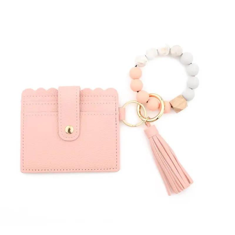 Faux Leather Card Holder and Silicone Bracelet Keychain Wristlet - Multiple Colors