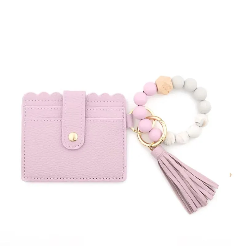 Faux Leather Card Holder and Silicone Bracelet Keychain Wristlet - Multiple Colors