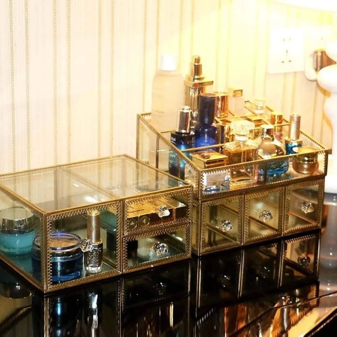 Hersoo Gold Mirrored Vanity Tray,Glass Makeup Display Organizer,Dresser Comestic Storage for Palette/Lipstick/Brushes/Skincare/Perfumes/Bathroom Accessories