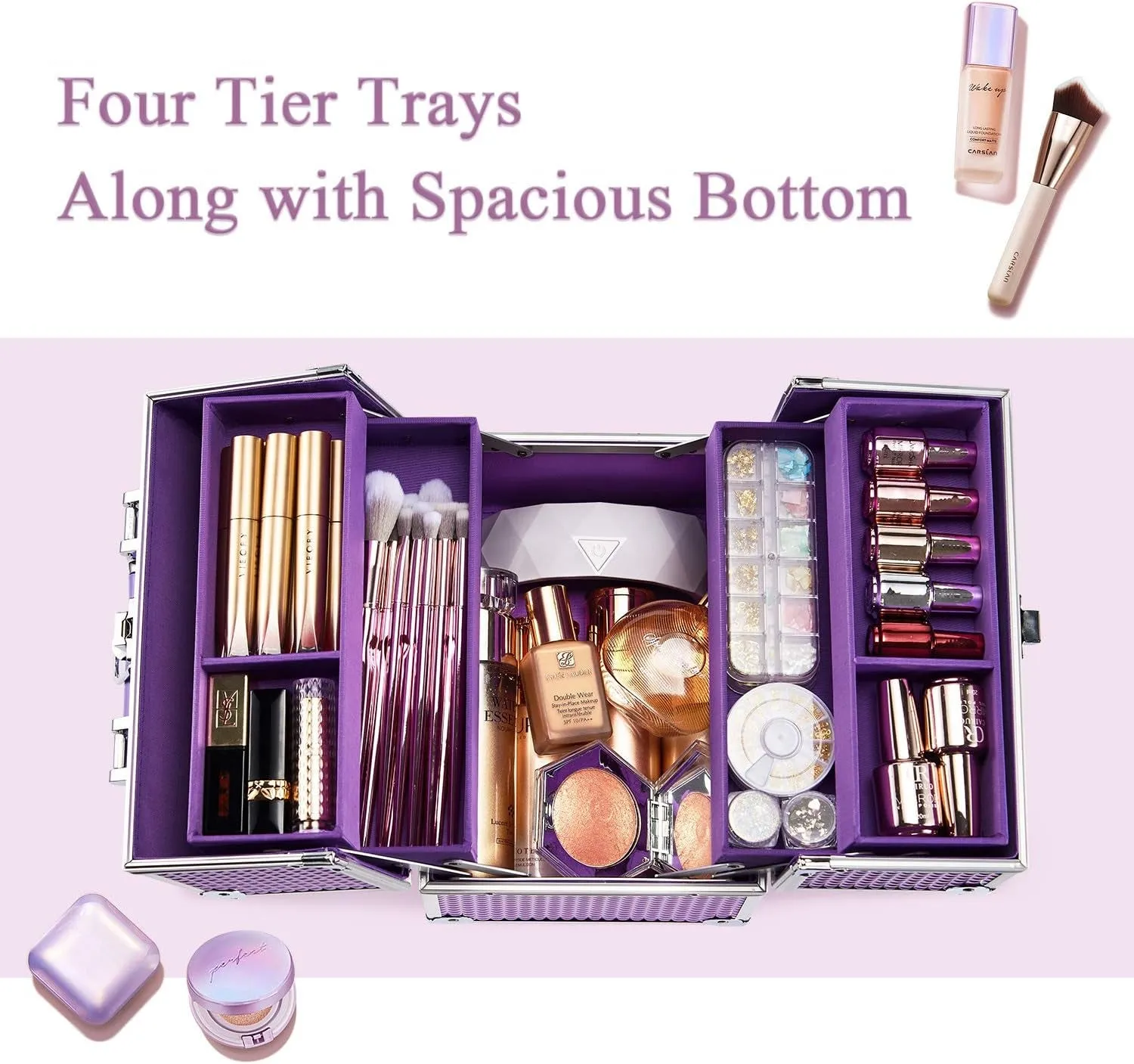 Makeup Case Vanity Box 4 Trays Beauty Organiser Case Cosmetic Storage Box with Locks, Purple