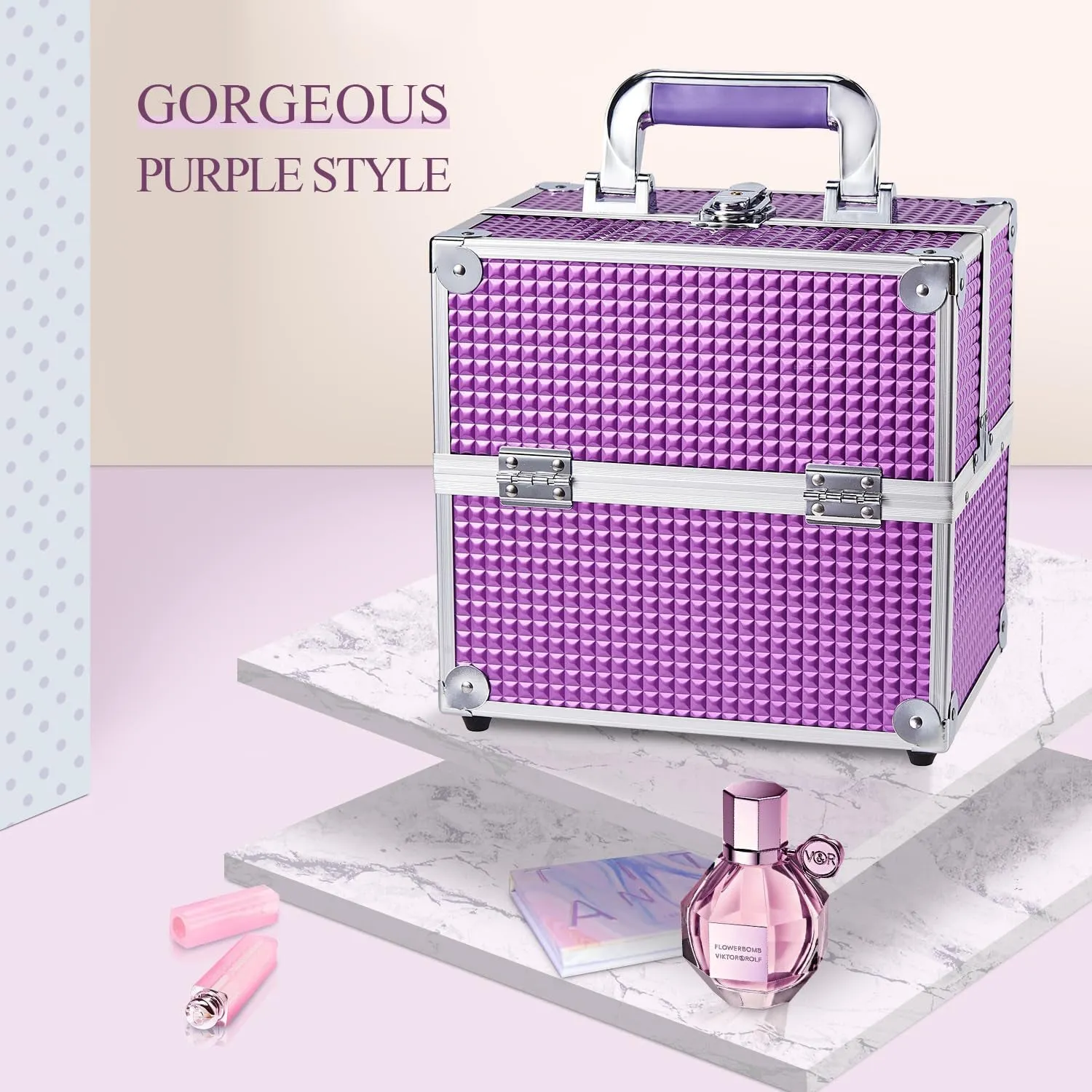 Makeup Case Vanity Box 4 Trays Beauty Organiser Case Cosmetic Storage Box with Locks, Purple